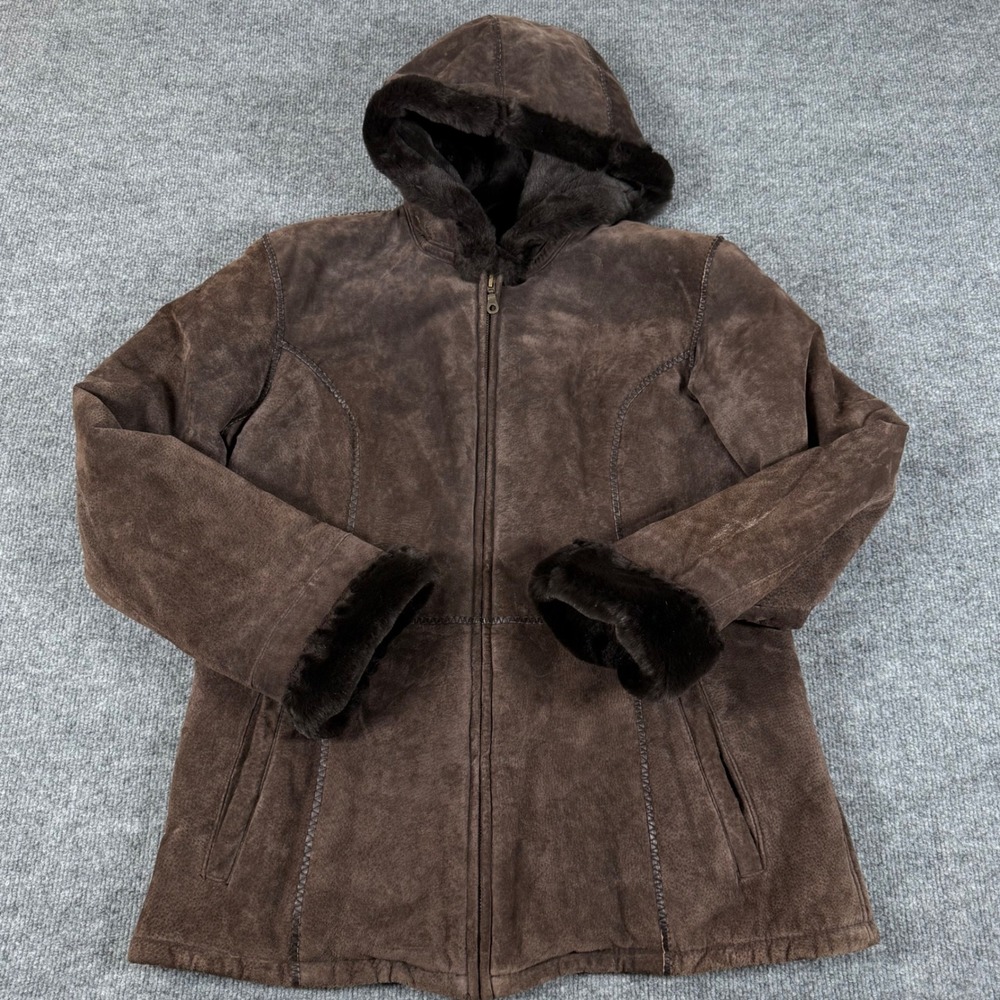 Vintage Y2K 90s Lg Wilsons Penny Lane Leather Suede Brown Hooded Coat Faux Fur